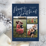 Joyeux Noël Calligraphie Photo Carte magnétique<br><div class="desc">Blue Merry Christmas Calligraphy Photo La carte magnétique présente un script de calligraphie moderne sur le devant,  avec trois photos,  et un plaid de Noël festif sur le dos.</div>