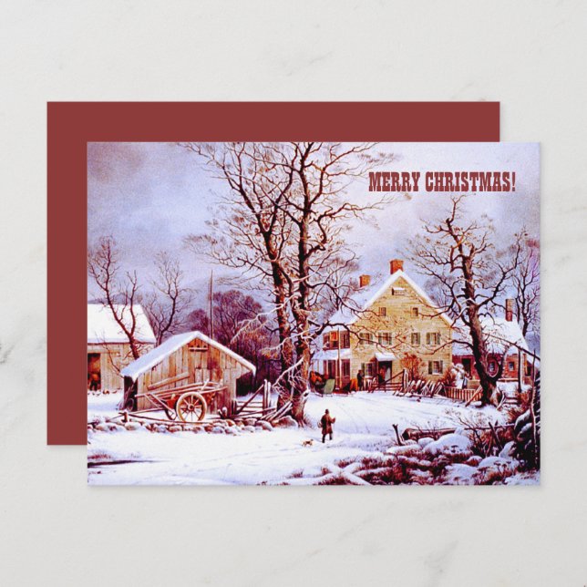 Joyeux Noël. Carte de scène hivernale vintage Farm (Devant / Derrière)