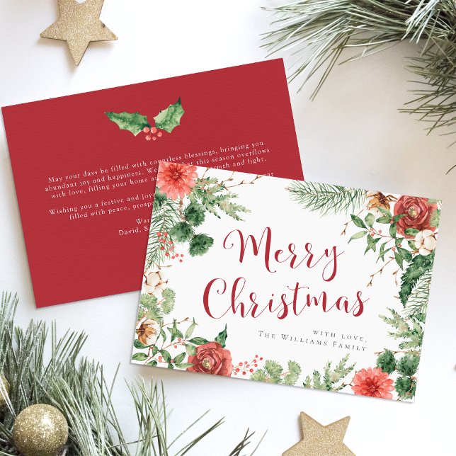 Joyeux Noël Carte de vacances florale à l'aquarell (Merry Christmas Red Watercolor Floral Holiday Card
)