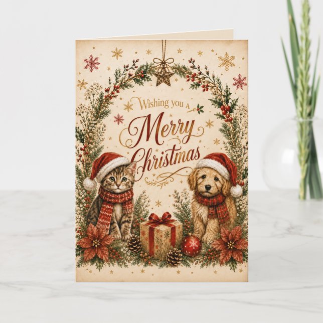 Joyeux Noël Carte de Vœux Chat et Chien Mignons (Devant)