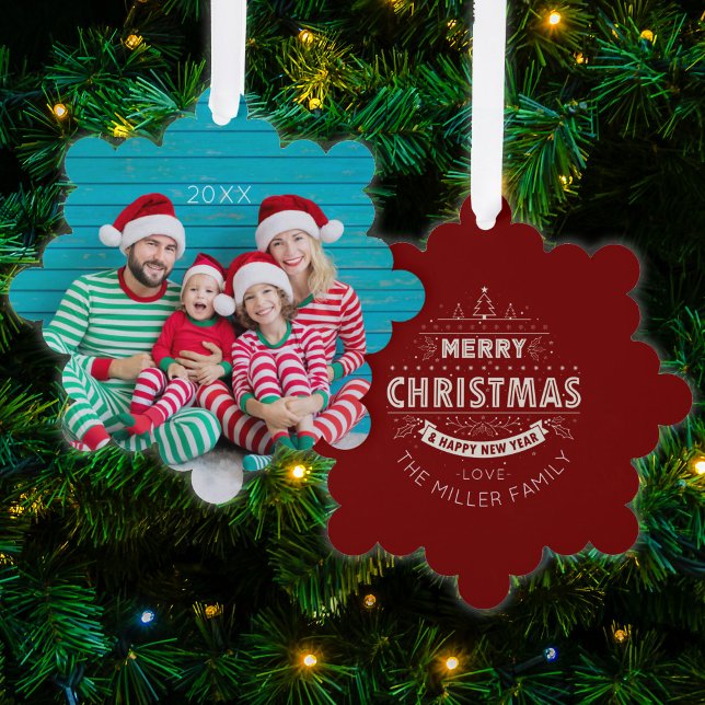 Joyeux Noël - Carte d'ornement photo (Merry Christmas and Happy New Year Custom Photo Paper Christmas Tree Ornament)