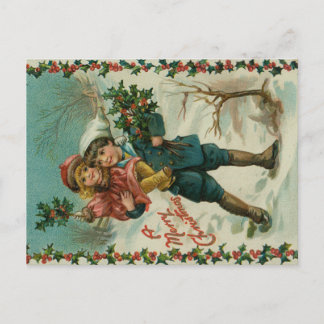 Joyeux Noël - carte postale rétro, enfants, houx