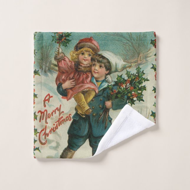 Joyeux Noël - carte postale rétro, enfants, houx (Gant de toilette)