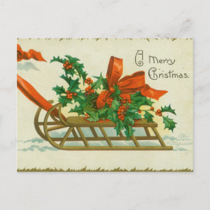 Joyeux Noël - carte postale vintage, traîneau et h
