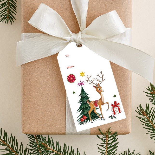 Joyeux Noël | Cerf & Arbre | Étiquettes Cadeaux (Merry Christmas | Deer & Tree | Gift Tags)