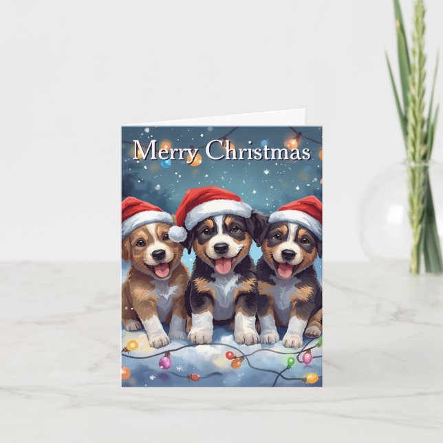 Joyeux Noël Chiots Mignons Carte de Noël (Devant)