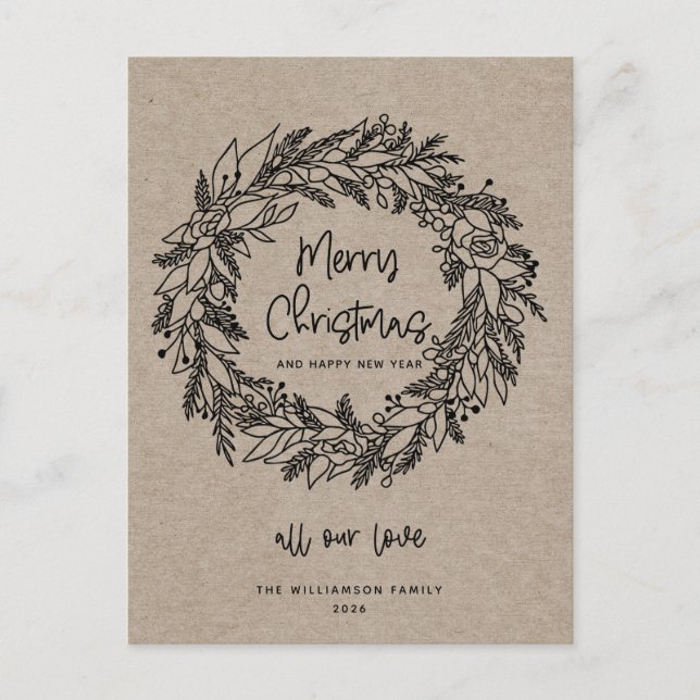 Joyeux Noël Couronne de Fêtes Rustique Carte Kraft (Devant)
