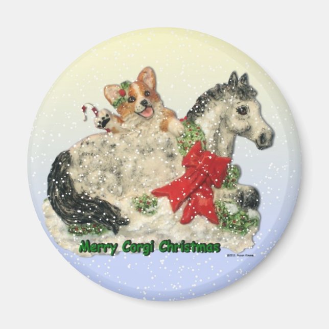 "Joyeux Noël de Corgi" Corgi & Pony Magnet (Devant)