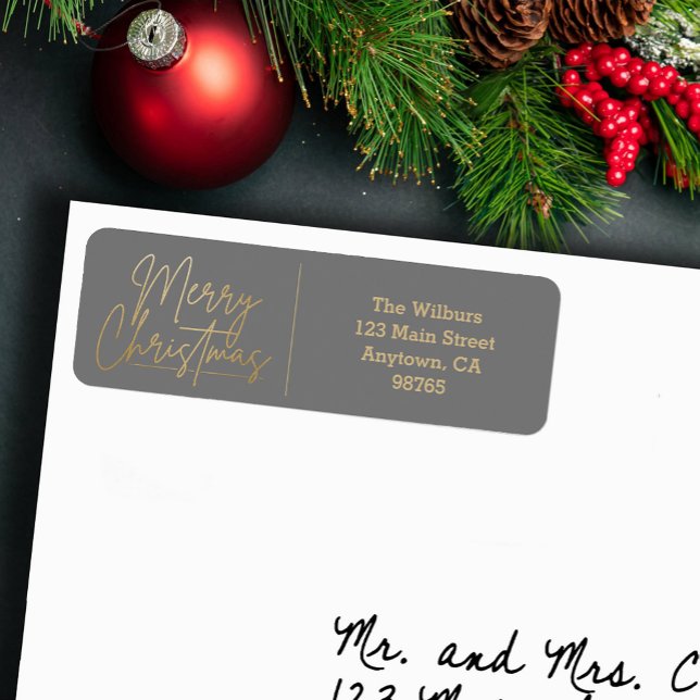 Joyeux Noël en or sur étiquette d'adresse de retou (Gold Merry Christmas script on grey return address labels)
