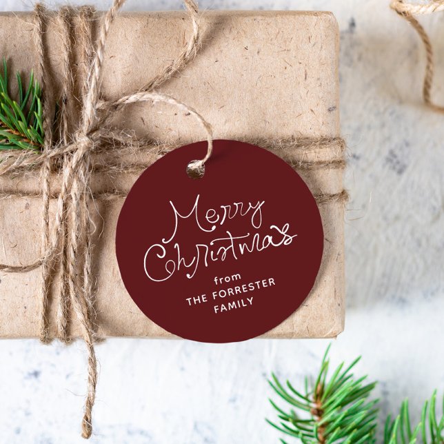 Joyeux Noël étiquette cadeau bordeaux écriture fan (Créateur téléchargé)