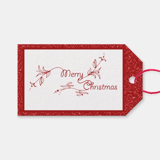 Joyeux Noël Étiquette Cadeau Paillettes Rouges (Devant (Horizontal))