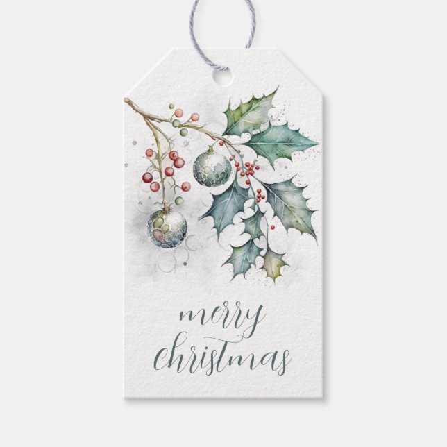 Joyeux Noël Étiquette de Cadeau de houx et d'ornem (Devant)