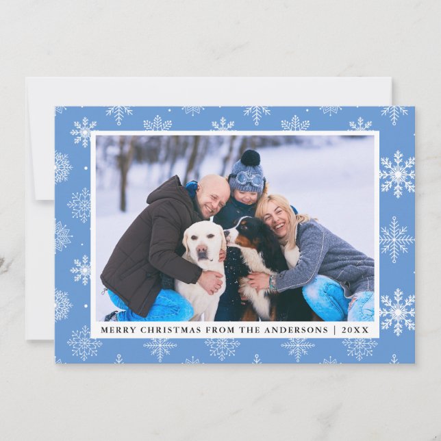 Joyeux Noël Famille Photo Blue Snowflakes Carte (Devant)