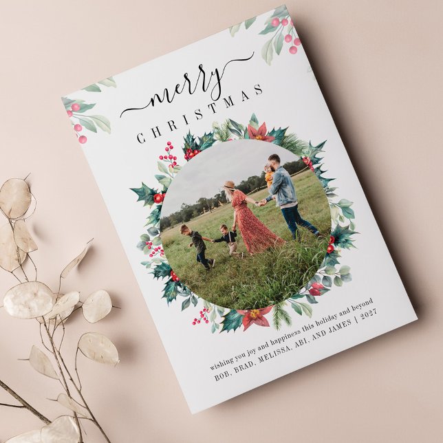 Joyeux Noël Famille Photo Carte de voeux (Christmas Holidays Family Photo Botanical Greetings Card)
