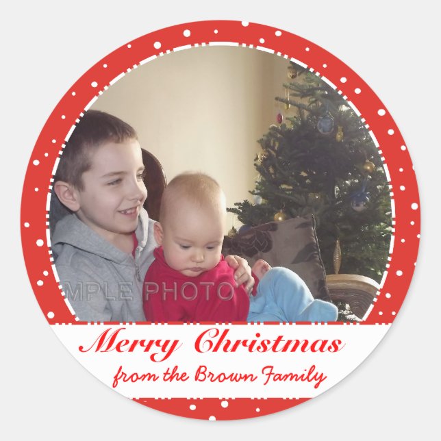Joyeux Noël Famille Photo Stickers Cercle Rouge (Devant)