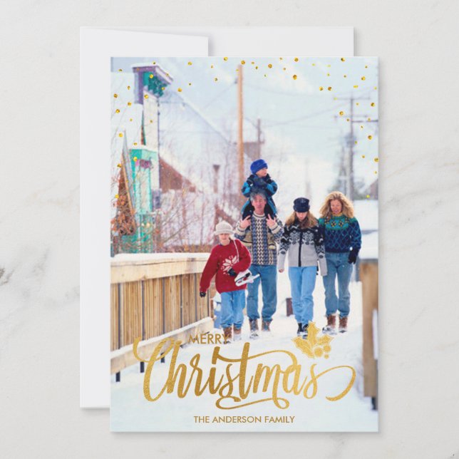 Joyeux Noël Gold Famille Carte photo personnalisé (Devant)