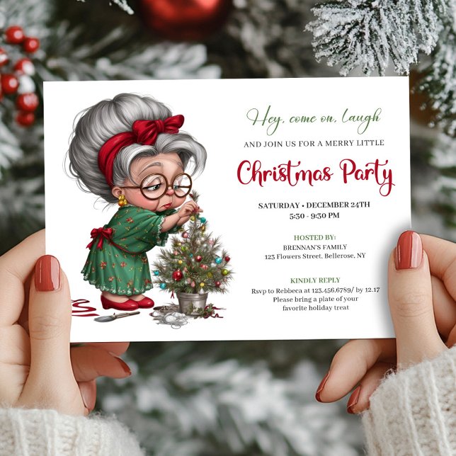 Joyeux Noël Grand-mère Invitation de fête Cartoon  (Happy Xmas Grandma Cute Cartoon Party Invitation)
