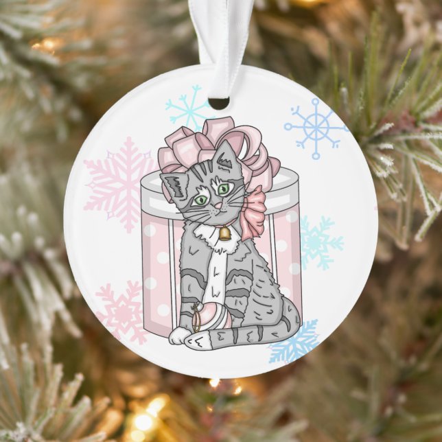 Joyeux Noël Gray Kitten Rose Bow personnalisé (Arbre)