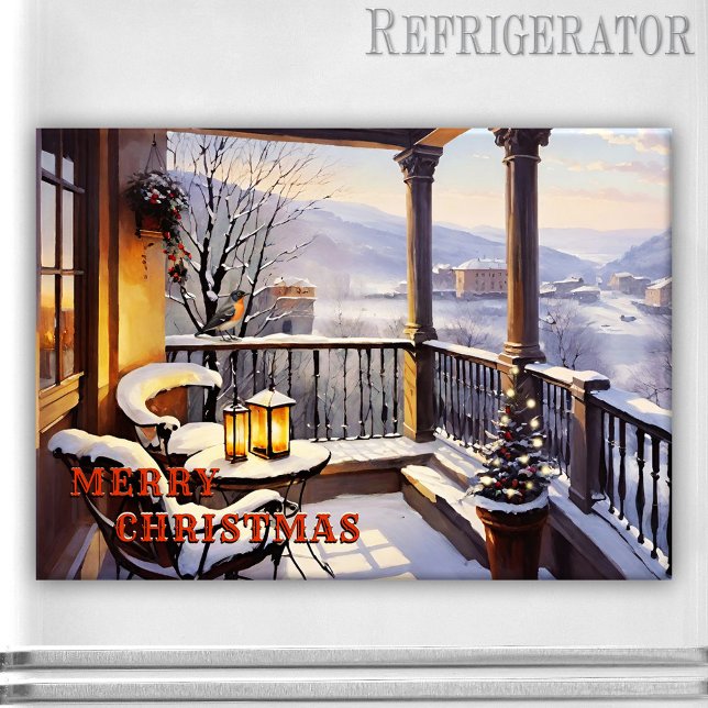 Joyeux Noël Italien Balcon Magnet (Merry Christmas rectangle magnet featuring an Italian balcony winter wonderland with lanterns)