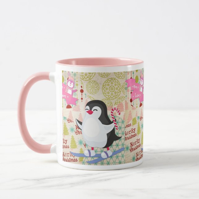 Joyeux Noël mignonne pingouin rose Mug (Gauche)