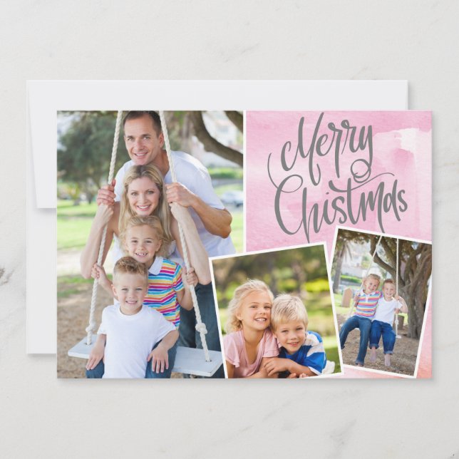 Joyeux Noël Moderne Aquarelle Rose Trois Photos (Devant)