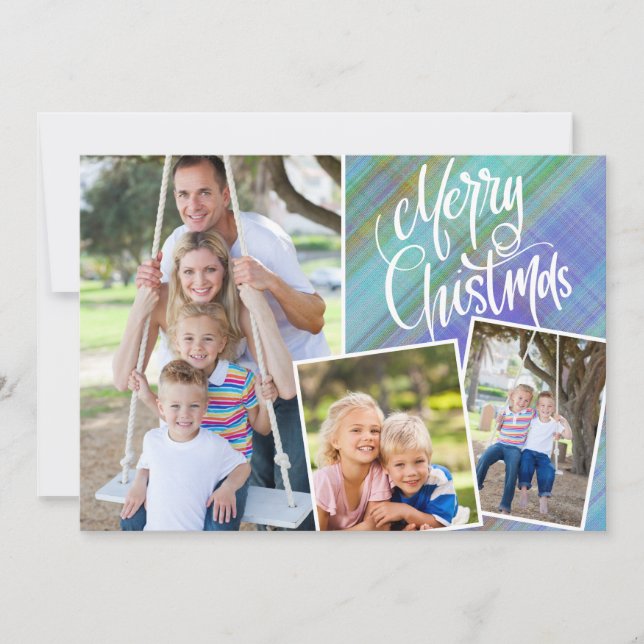 Joyeux Noël Moderne Bleu Plaid Trois Photo (Devant)