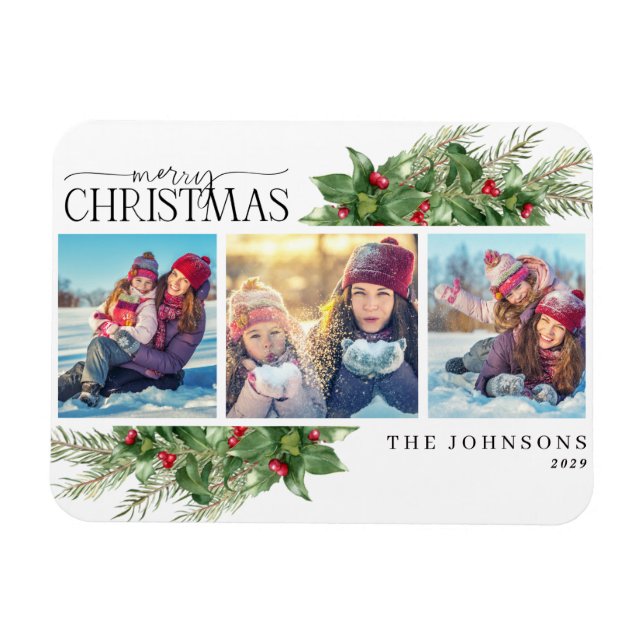 Joyeux Noël moderne Holly Berry Magnet photo (Horizontal)