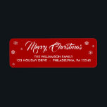 Joyeux Noël moderne main Lettré Étiquette de scrip<br><div class="desc">Ajoutez une touche finale à vos envois de vacances avec nos étiquettes d'adresse de retour de vacances modernes. Joyeux Noël" apparaît dans une typographie blanche sur un arrière - plan rouge avec des flocons de neige blancs. En dessous, vous pouvez customiser ces étiquettes avec votre propre nom de famille et...</div>