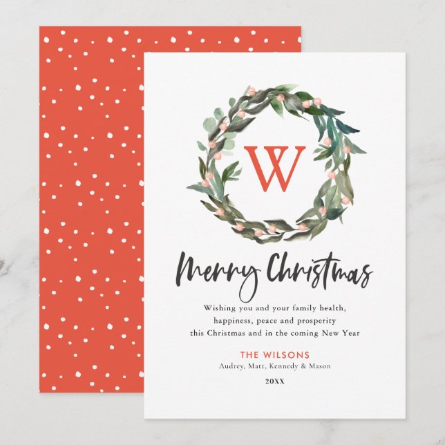Joyeux Noël Monogramme Wreath Carte de vacances (Devant / Derrière)