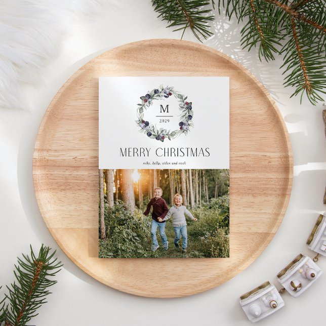 Joyeux Noël Monogramme Wreath Carte de vacances (Créateur téléchargé)