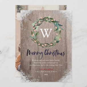 Joyeux Noël Monogramme Wreath Carte photo en bois