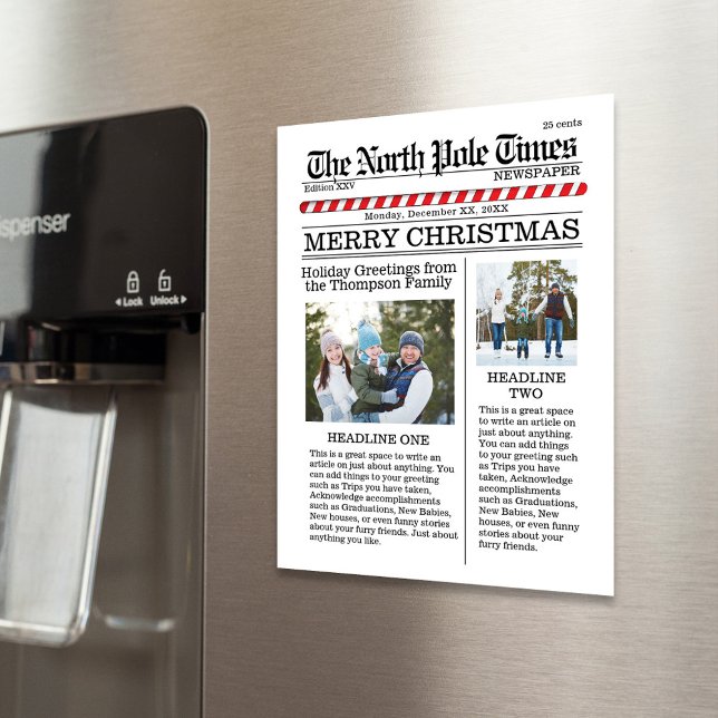Joyeux Noël Multi Photo Fun Pôle Nord Nouveau (Christmas photo magnetic card template with a newspaper print theme. )