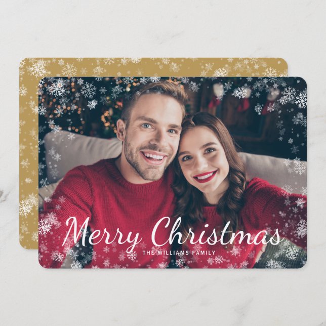 Joyeux Noël neige Photo Gold Holiday Card (Devant / Derrière)