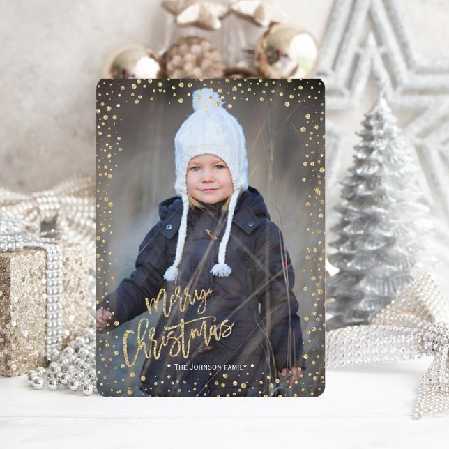 Joyeux Noël | Or | Points Pailletés | Carte Photo (Merry Christmas | Gold | Glitter Dots | Photo Card)