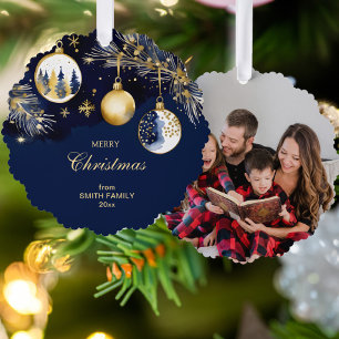 Joyeux Noël ornement photo bleu marine doré