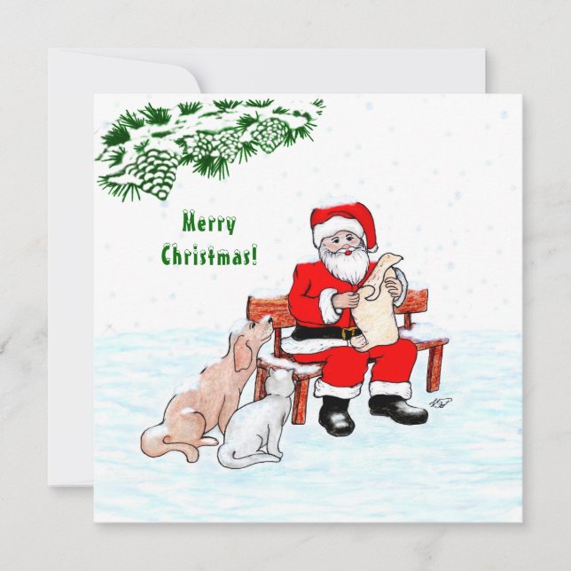 Joyeux Noël! Père Noël avec chat et chien (Devant)