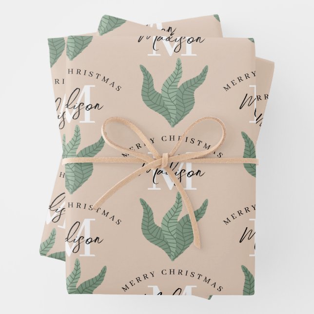Joyeux Noël personnalisé Boho Feuilles Monogramme  (En situation)