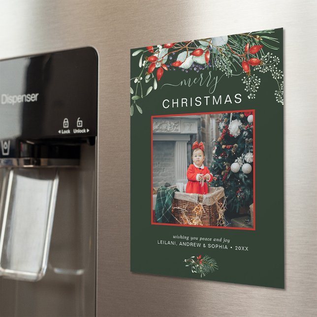 Joyeux Noël Photo Green Holiday (You will love these beautiful Christmas cards! They feature botanical watercolor pine and berries.)
