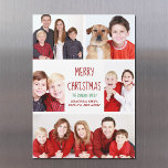 Joyeux Noël Photo moderne Collage Magnet Card<br><div class="desc">Cette mignonne carte magnétique Joyeux Noël branchée dispose d'une mise en page moderne de 5 photos de famille sur un arrière - plan blanc avec typographie rouge. Cette belle carte de vacances photo magnétique dispose de votre propre collage photographique entourant votre message et nom de famille en vert.</div>