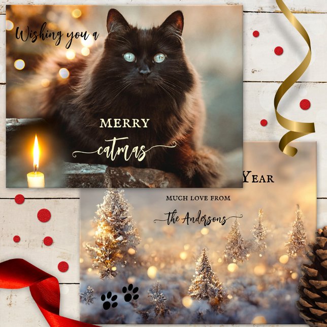 Joyeux Noël Purrffffect Nouvel An Carte Chat (Christmas and New Year holiday card featuring a beautiful cat with a candle and sparkling lights)