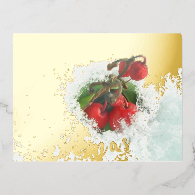 Joyeux Noël Red Berries Gold Foil Carte postale (Recto)