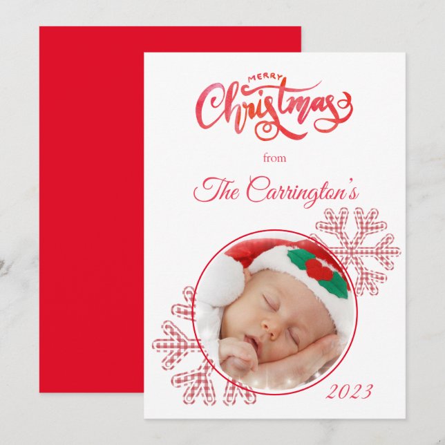 Joyeux Noël Red Plaid Snowflakes Photo Holiday (Devant / Derrière)