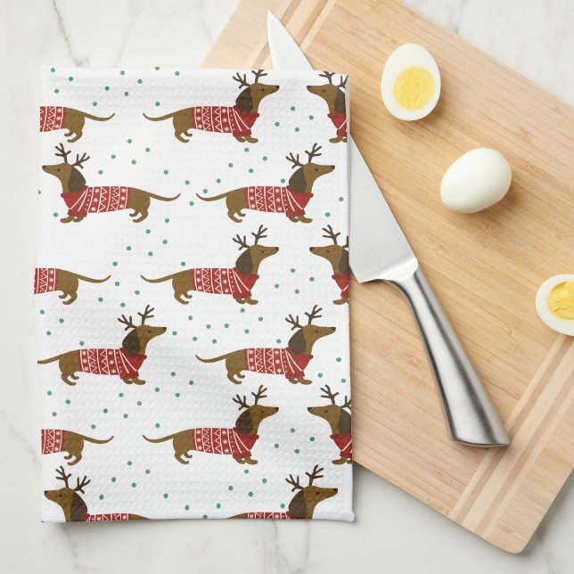 Joyeux Noël Reindeer Dachshund Serviette de cuisin (Quart Plié)