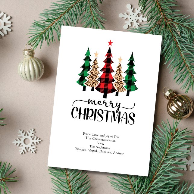 Joyeux Noël Rouge Vert Noir Plaid Arbres Carte (Red Green Plaid Leopard Print Christmas Trees Christmas Card. Printed or Instant digital download)