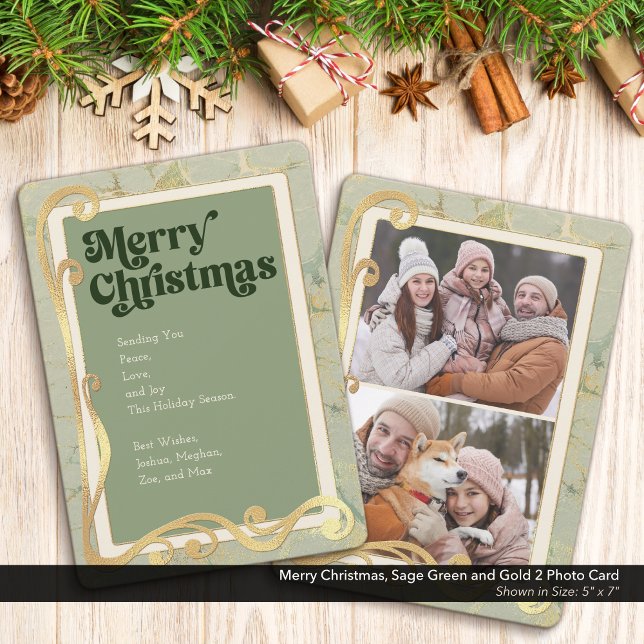 Joyeux Noël Sage Vert et Or 2 Carte photo (Merry Christmas, Sage Green and Gold Holiday Two (2) Photo Greeting Card)