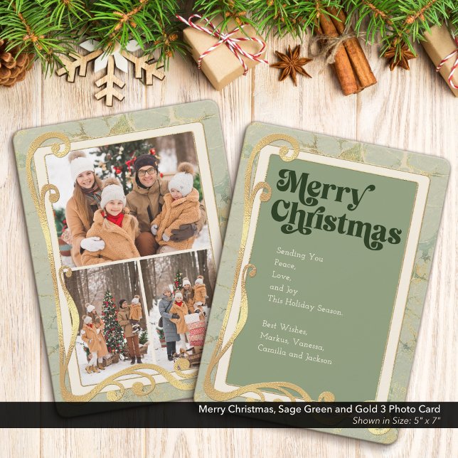 Joyeux Noël Sage vert et or 3 Carte photo (Merry Christmas, Sage Green and Gold Holiday Three (3) Photo Greeting Card)