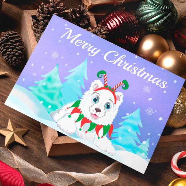 Joyeux Noël Samoyed avec un bandeau d'elfe   Carte (Créateur téléchargé)