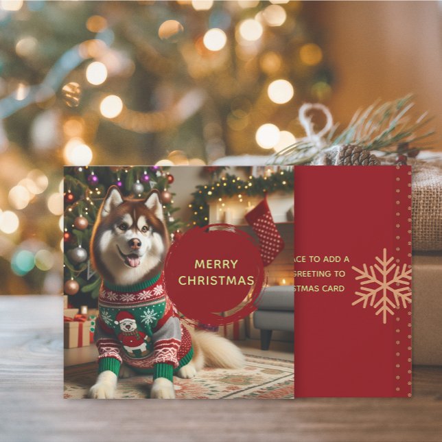 Joyeux Noël Sibérie Husky Carte de voeux (The front and back of the Siberian Husky Christmas Holiday greeting card)