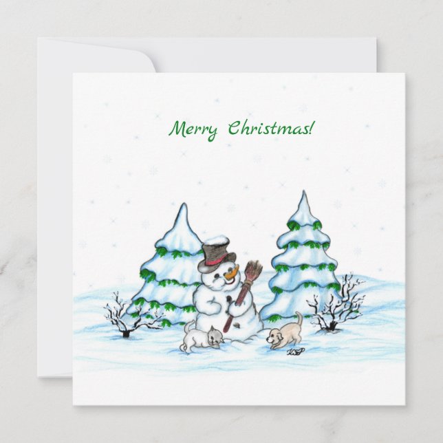 Joyeux Noël ! Snowman avec chat et chiot (Devant)