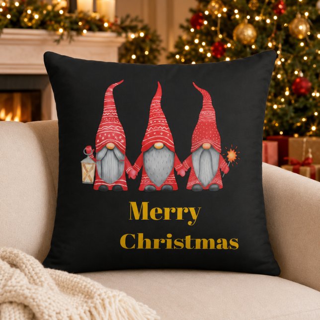 Joyeux Noël Trois Gnomes Coussin de jet noir (Créateur téléchargé)